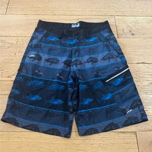 Huk Tech Hybrid Black and Blue Fish Print‎ Shorts Men’s Sz 30 NWOT